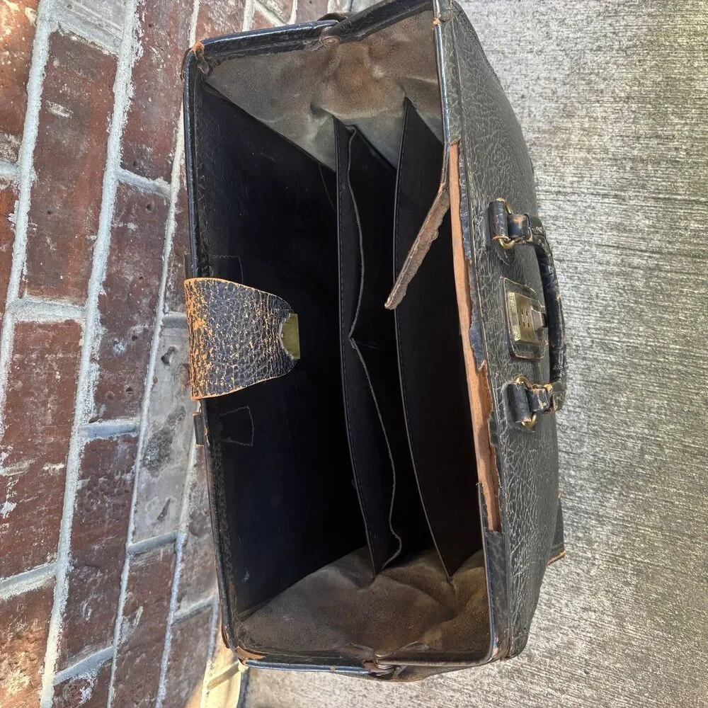 Antique Doctor Bag Physicians Black Pebble Grain Leather Art Deco Brass MCM Vtg